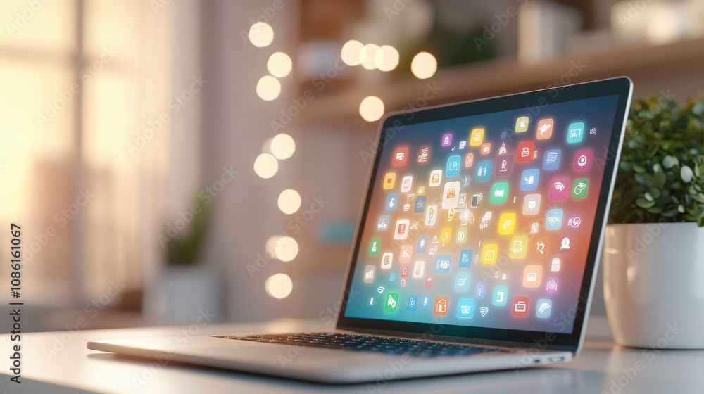Poster a laptop displaying various colorful app icons on its screen sits on a desk, surrounded by decorativ