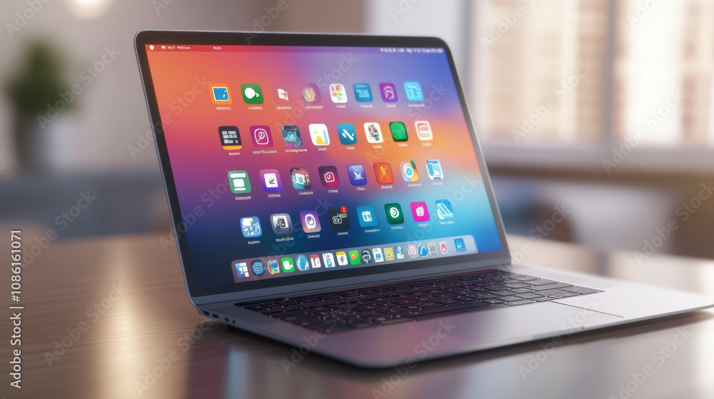 Poster a sleek laptop displaying a vibrant desktop filled with various colorful application icons, set on a