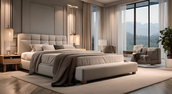 House interior of cozy elegant bedroom with a soft double bed in modern style Vertical 4K