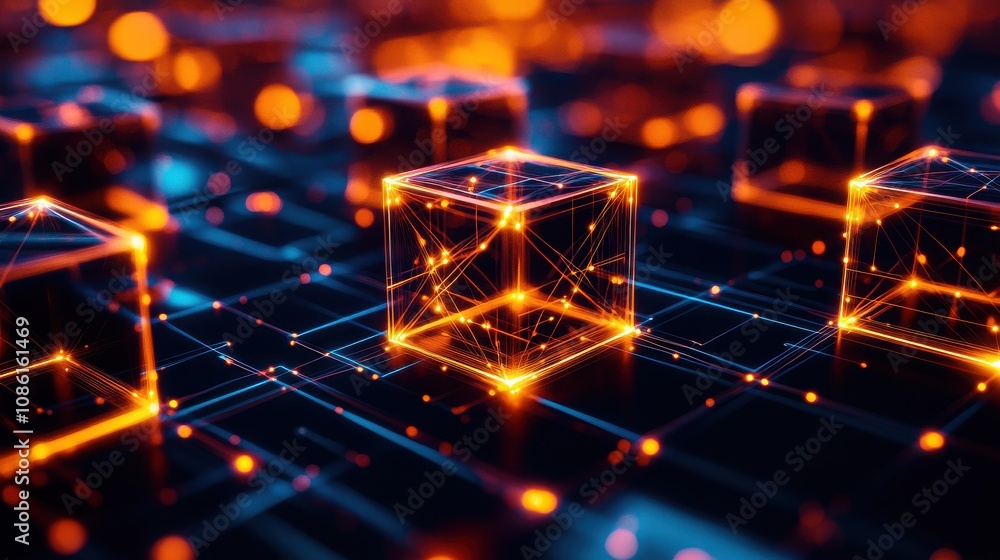 Poster futuristic glowing cubes with interconnected lines, representing digital networks and advanced techn