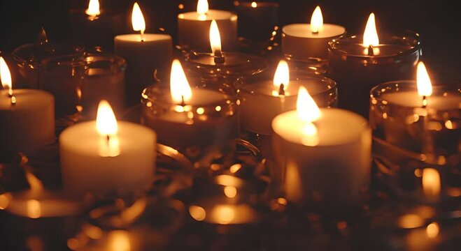 Lot of burning candles on dark background close up 4K