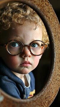 A toddler with light curly hair and tortoise-shell glasses looks intently through a circular opening in a weathered wooden structure