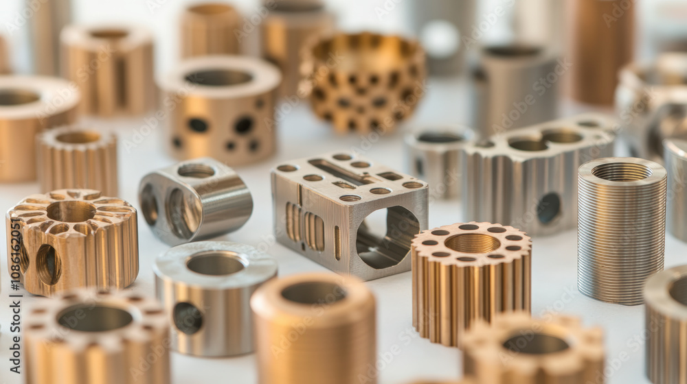 Poster intricately machined metal components of various sizes and shapes are displayed, showcasing precise 