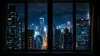Neon Dreams: A Cyberpunk Cityscape from a Highrise Window