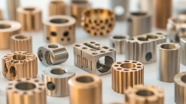 Intricately machined metal components of various sizes and shapes are displayed, showcasing precise engineering and craftsmanship in industrial manufacturing.
