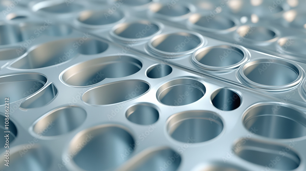Poster a close-up of a shiny metallic surface with variously sized oval-shaped holes, reflecting light, cre