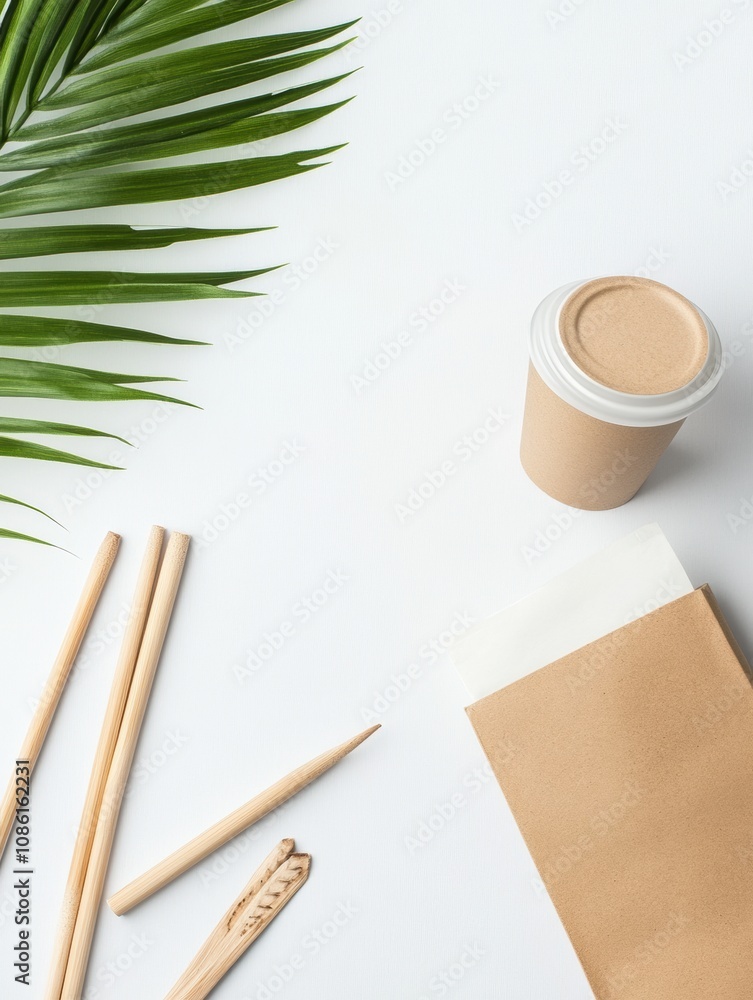 Aufkleber A tranquil workspace featuring a coffee cup, wooden utensils, and a palm leaf creating a serene atmosphere for creativity. Generative AI
