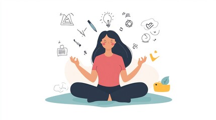 Woman Meditating Amidst a Whirlwind of Thoughts
