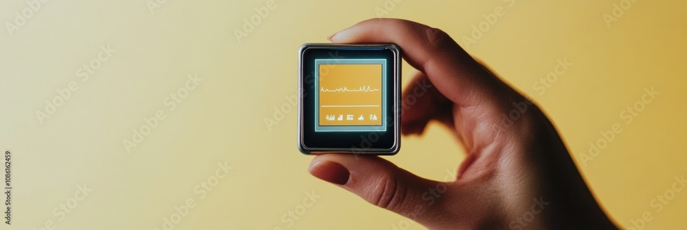 Aufkleber a person is holding a small micro biochip that shows various health metrics on a holographic display