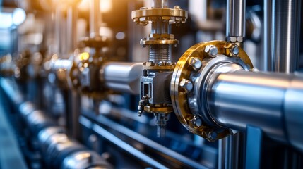 Industrial pipeline system with valves and fittings illuminated by warm light in a manufacturing facility