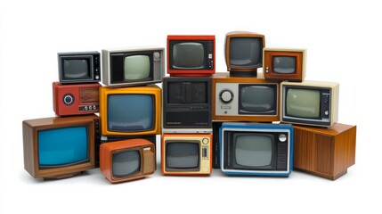 A collection of vintage televisions arranged artistically showcasing retro designs and colors from various decades in home entertainment