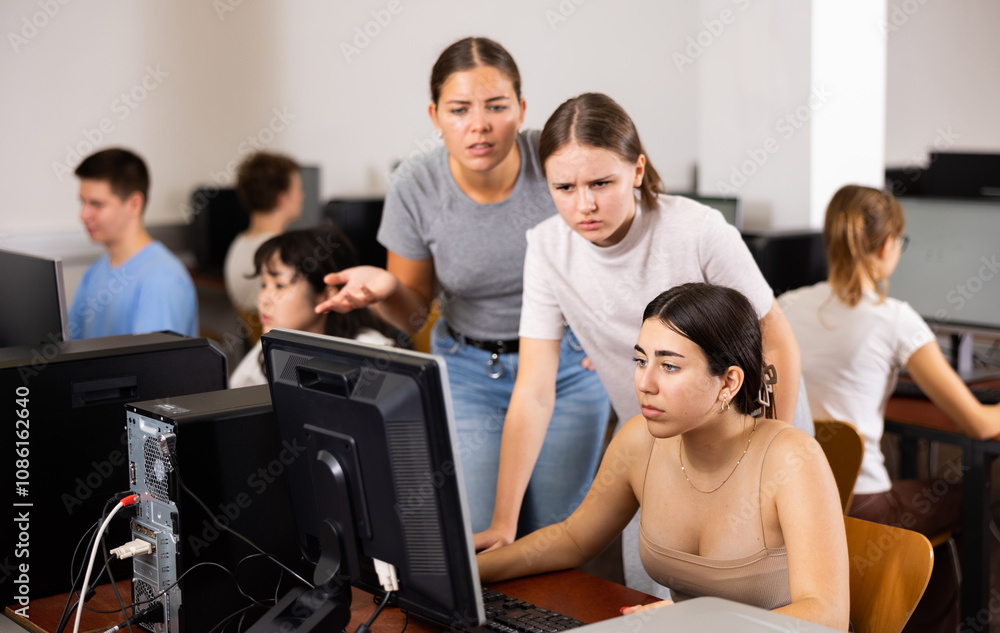 Poster smart students explaining the topic to female friend while she is studying computer science on the p