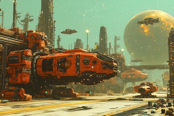 A futuristic industrial scene featuring large orange spaceships and a distant planet.