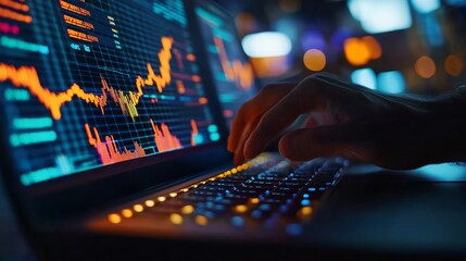 Analyzing stock market trends on a laptop screen with glowing charts in a modern office environment during evening hours
