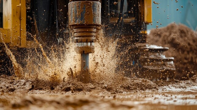 A heavy drilling machine creates mud splashes during construction work on a site in the afternoon sunlight, with dirt flying everywhere
