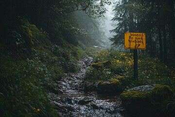 Misty Forest Trail with Signage Amidst Lush Greenery and a Stream