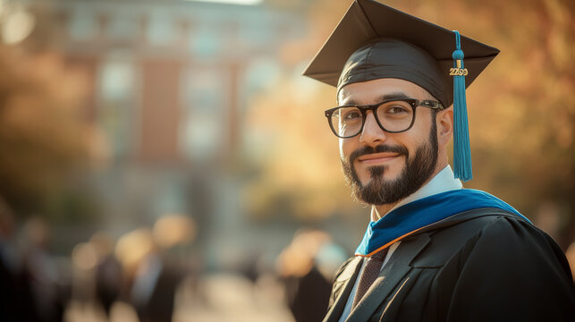 A graduate in a cap and gown stands outdoors, smiling, with a blurred background of people and autumn trees, celebrating an academic achievement.
