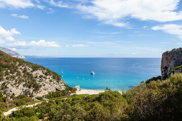 Cala Luna, Sardinia, Italy. View of the turquoise Mediterranean Sea from a hill on the Gulf of Orosei hiking trail. Awesome Sardinian landscape.
