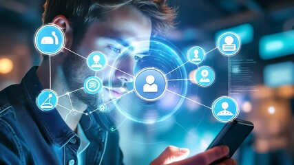 A young man focuses on his smartphone, surrounded by floating icons representing various digital connections and technological interactions in a vibrant setting at night. - Powered by Adobe