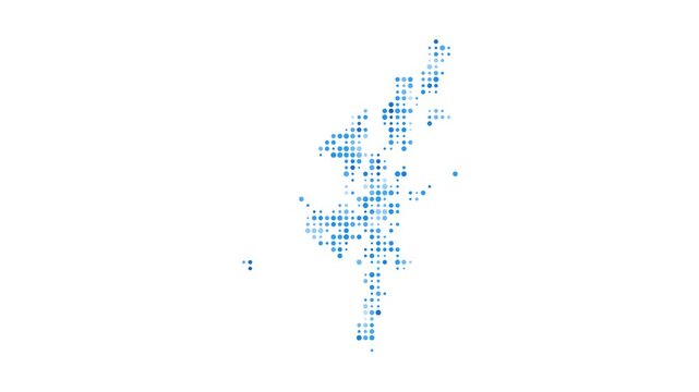 Mainland dotted digital map. Map of Mainland with pulsating colored circles. Shape of the island filled with blue disks. Trendy video.