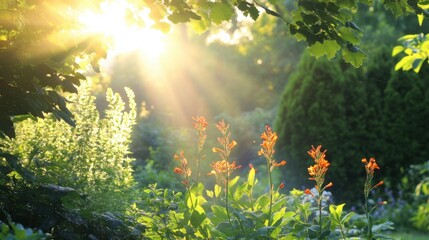Beautiful Garden with Sunlight and Vibrant Flowers