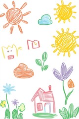 Colorful child's drawing featuring houses, flowers, and suns