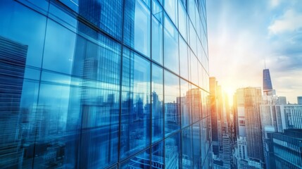 Fototapeta premium A modern glass building reflects the cityscape and a sunrise.