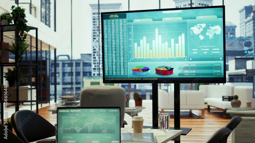 Poster in a professional boardroom, computer screen showcases business data and statistics, aiding executiv