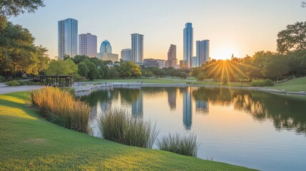 Obraz premium Serene Sunset Over City Skyline and Reflected Water