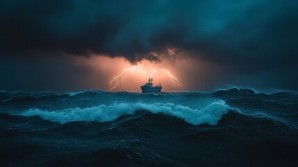 Stormy Sea with Ship Under Dramatic Lightning Skies