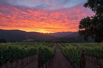 Naklejka premium Breathtaking Sunset Over Vineyards in a Serene Landscape