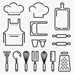 Sleek Modern Kitchen Essentials Icon Set - Vector Line Art for UI/UX Design (Chef Hat, Apron, Cutting Board, Rolling Pin, Measuring Cups, Whisk & More)