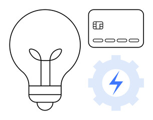Lightbulb, credit card with chip, and gear with lightning bolt symbol. Ideal for technology, innovation, energy efficiency, smart payments, business solutions, financial transactions digital