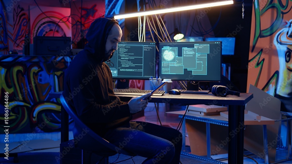 Poster hackers doing computer sabotage using encryption trojan ransomware on tablet. cybercriminals use dev