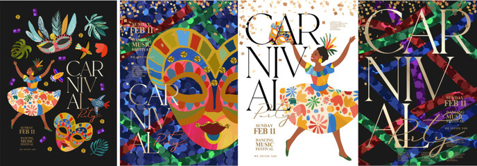 Carnival. 2025. Vector modern abstract illustration of dancing Brazilian woman at carnival in Brazil, sequins background, Venetian mask, icons for poster, cover, flyer, invitation or leaflet