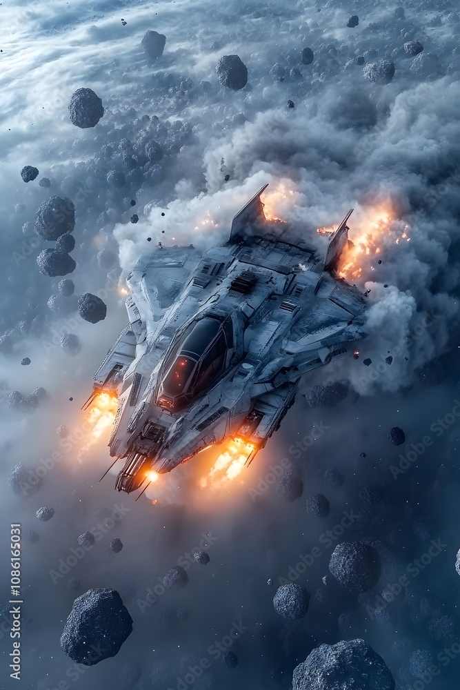 Poster a futuristic spaceship navigating through an asteroid field, emitting fiery thrusters.