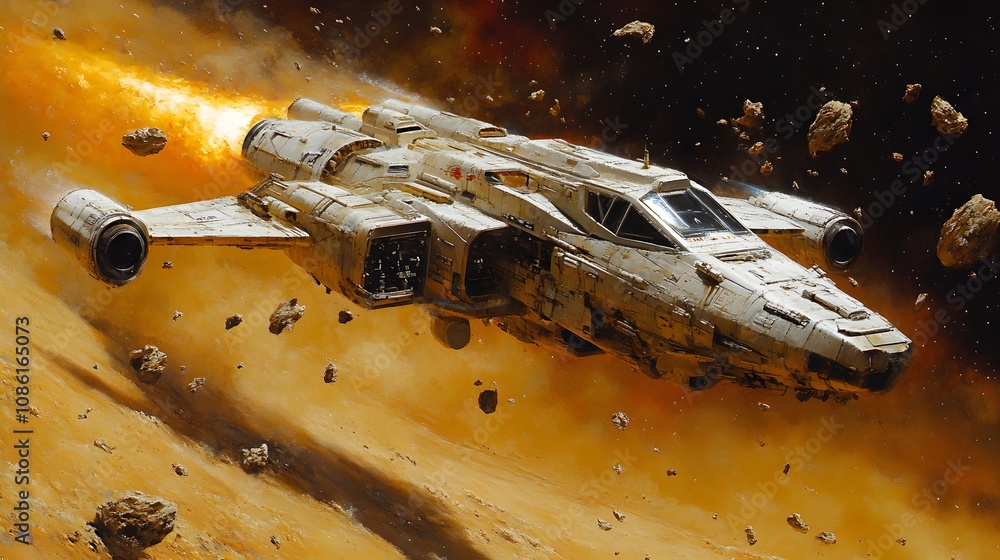 Poster a futuristic spacecraft navigating through an asteroid field in a vibrant cosmic environment.