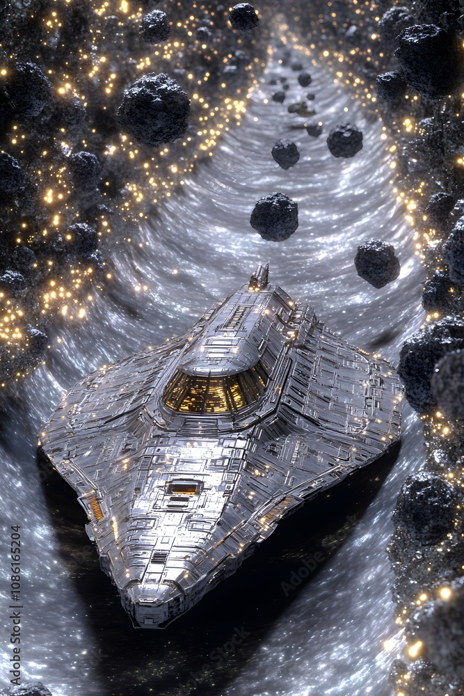 Poster a futuristic spaceship navigating through a starry asteroid field.