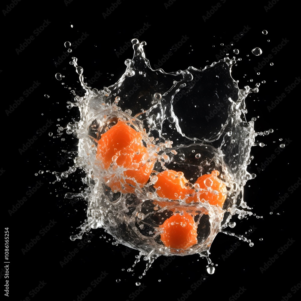 Poster a dynamic splash of water with floating orange spheres, showcasing motion and fluidity.