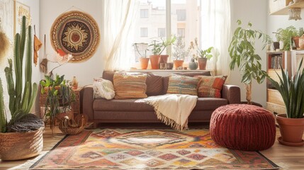 Cozy Living Room with Plants and Textiles