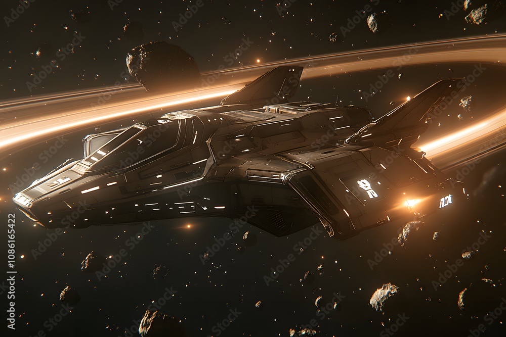 Poster a futuristic spaceship navigating through an asteroid field with glowing rings.