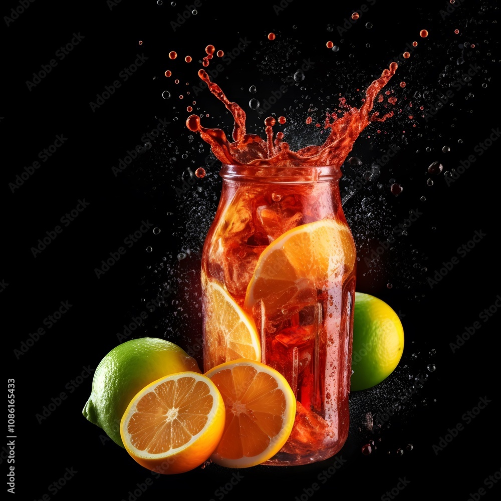 Poster a refreshing drink splashes in a jar with citrus slices, showcasing vibrant colors.