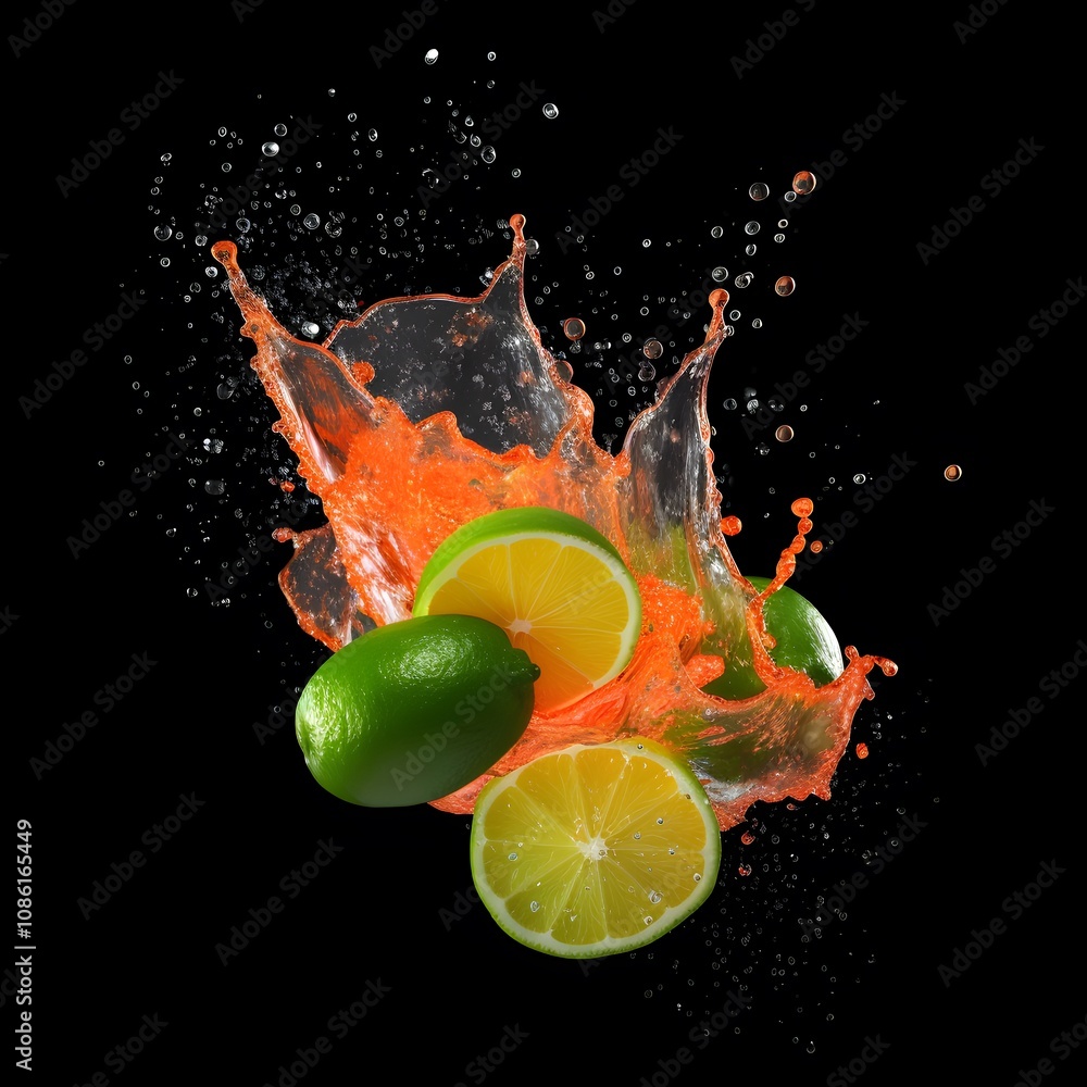 Poster a splash of vibrant orange liquid with lime and lemon slices, creating an energetic visual.