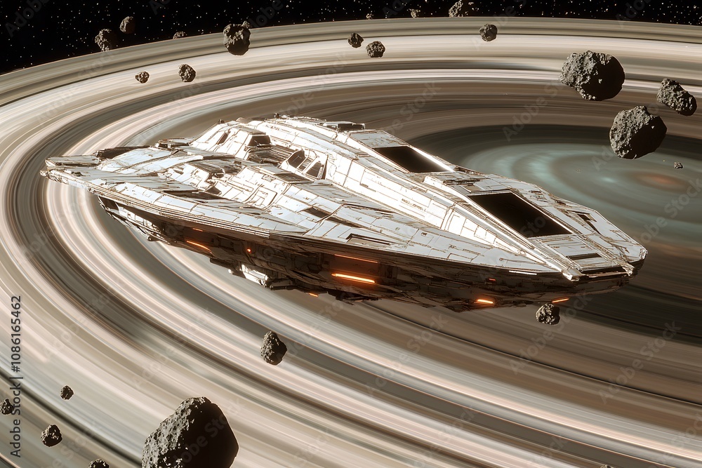 Poster a futuristic spaceship navigating through a ringed planet's asteroid field.