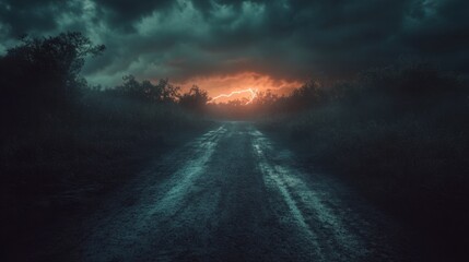 Naklejka premium Dramatic Sky Over Dark Road at Sunset