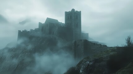 A mysterious, ancient castle shrouded in fog atop a rocky hill.