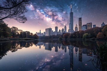 Naklejka premium Beautiful skyline reflection under a starry night sky in the heart of a vibrant city park