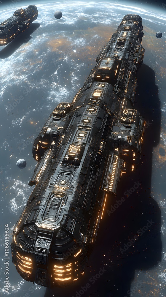 Poster a futuristic spaceship hovering above a planet, showcasing advanced technology and design.