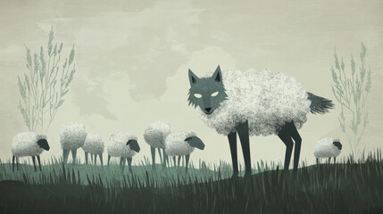  Prey to Fraud. A surreal illustration featuring a wolf in sheep's clothing, standing among sheep in a muted landscape, blending danger with innocence.