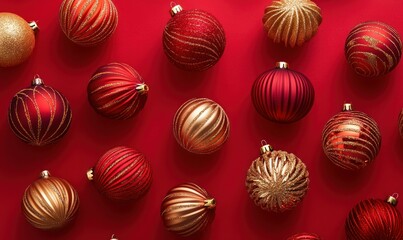 Christmas background with red and gold decorations. Christmas card concept, with space for text or design.